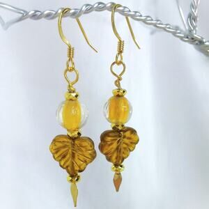Artisan Etched Leaf Glass Earrings Vintage Beaded Dangle Boho Gold Tone Honey